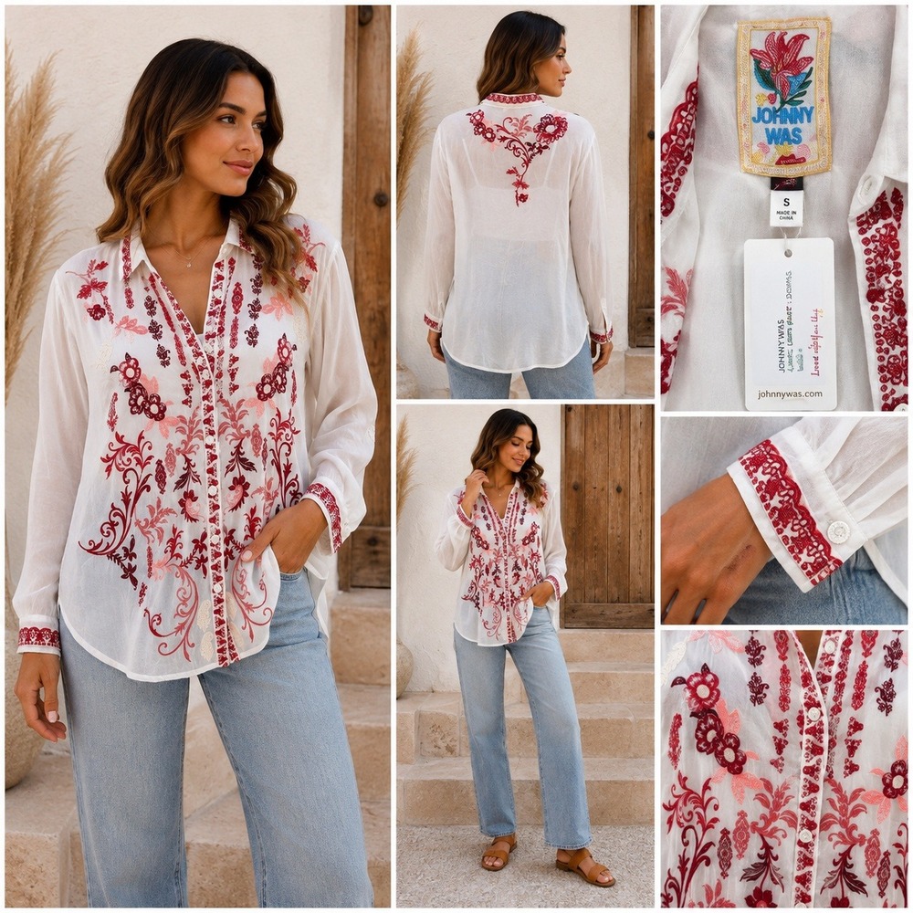 Johnny Was Shirt Embroidered Floral Cupro White Pink Boho Size S